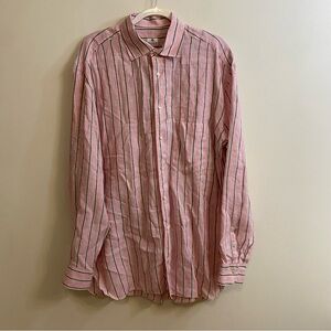 Borrelli Napoli Dress Shirt Button Down Pink Brown Striped Linen Men Sz XL Italy